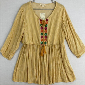 Studio West Yellow Striped Embroidered Peasant Blouse